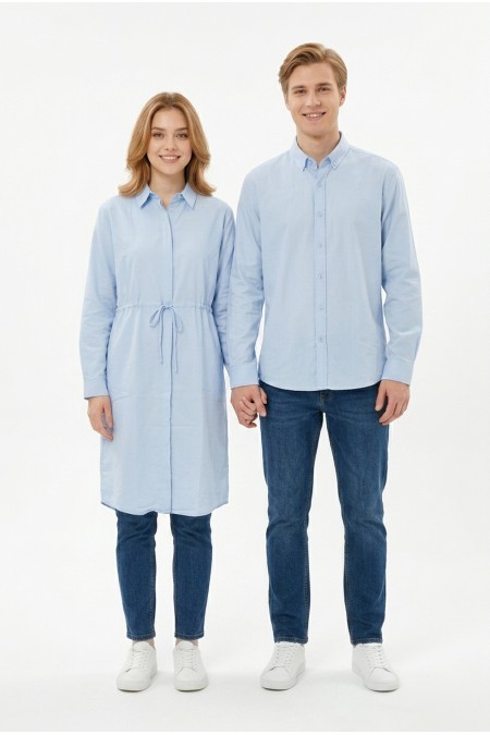 Belden Bağlamalı Armürlü Bengalin Kumaş Uzun Kadın Gömlek Elbise ve Slim Fit Erkek Gömlek Sevgili Kombini