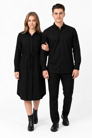 Kadın Erkek Sevgili Kombini  Belden Bağlamalı Armürlü Bengalin Kumaş Uzun Gömlek Elbise ve Slim Fit Gömlek