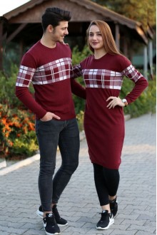 Kareli Bordo Beyaz Tesettür Sevgili Kombini 