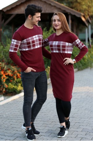 Kareli Bordo Beyaz Tesettür Sevgili Kombini 