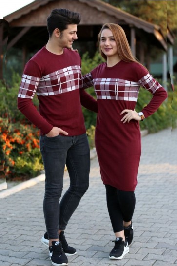 Kareli Bordo Beyaz Tesettür Sevgili Kombini 