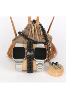 5li Set Bileklik Ve Tesbihli Dijital Gri Kasa Gri Metal Kordon Saat Kombini