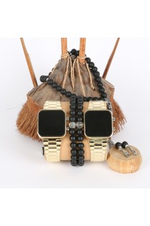 5li Set Bileklik Ve Tesbihli Dijital Sarı Kasa Sarı Metal Kordon Saat Kombini