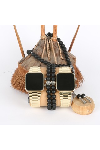 5li Set Bileklik Ve Tesbihli Dijital Sarı Kasa Sarı Metal Kordon Saat Kombini