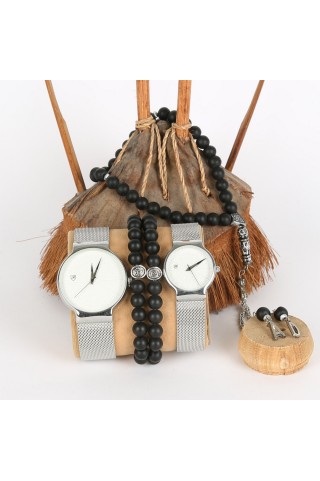 5li Set Bileklik Ve Tesbihli Gri İçi Beyaz Saat Kombini