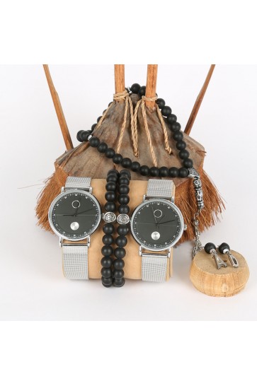 5li Set Bileklik Ve Tesbihli Gri Saat Kombini