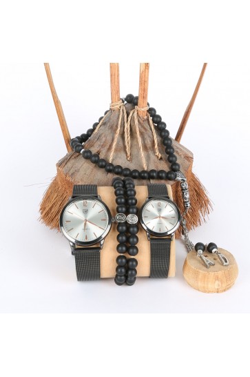 5li Set Bileklik Ve Tesbihli Gri Sevgili Saatleri