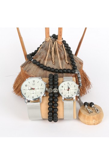 5li Set Bileklik Ve Tesbihli Gri Sevgili Saatleri