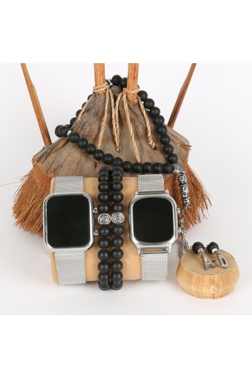 5li Set Bileklik Ve Tesbihli Hasır Gri Kordon Saat Kombini