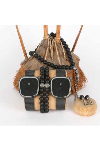 5li Set Bileklik Ve Tesbihli Hasır Siyah Saat Kombini