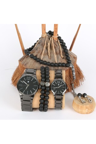 5li Set Bileklik Ve Tesbihli Metal kordon Siyah Sevgili Saatleri