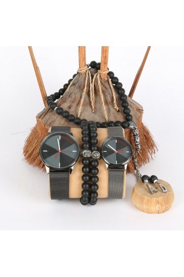 5li Set Bileklik Ve Tesbihli Siyah Sevgili Saatleri