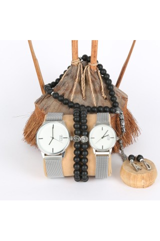 5li Set Bileklik Ve Tesbihli Takvimli Ve Mıknatıslı Hasır Kordon Gri Sevgili Saatleri