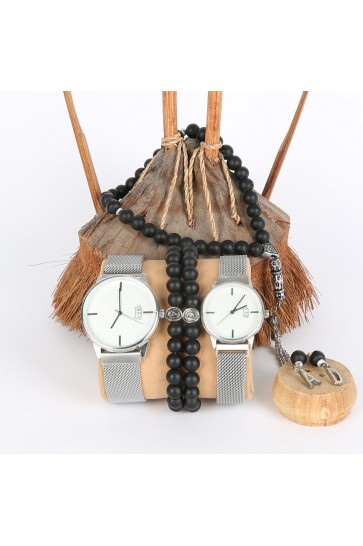 5li Set Bileklik Ve Tesbihli Takvimli Ve Mıknatıslı Hasır Kordon Gri Sevgili Saatleri