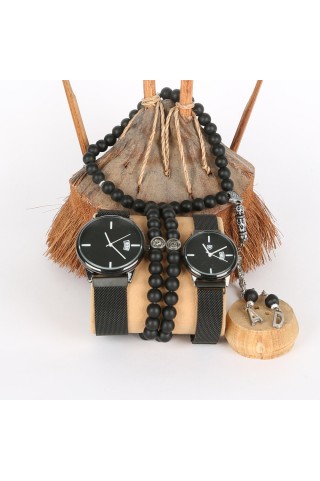 5li Set Bileklik Ve Tesbihli Takvimli Ve Mıknatıslı Hasır Kordon Siyah Sevgili Saatleri