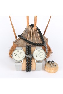 5li Set Bileklik Ve Tesbihli Gri İçi Beyaz Saat Kombini