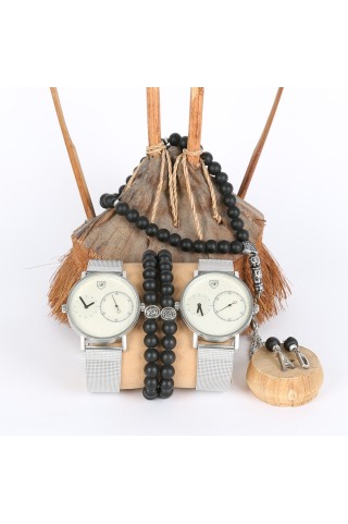 5li Set Bileklik Ve Tesbihli Gri İçi Beyaz Saat Kombini