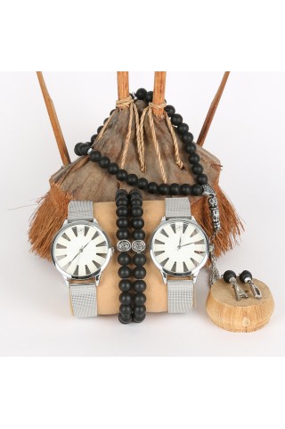 5li Set Bileklik Ve Tesbihli Gri İçi Beyaz Saat Kombini