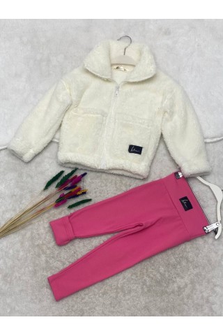 Peluş Hırka Ve Şardonlu Fitilli Kumaş Tayt 2'li Kombin Takım