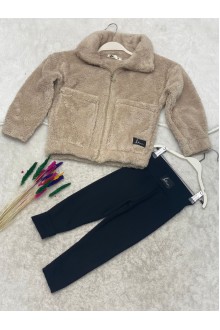 Peluş Hırka Ve Şardonlu Fitilli Kumaş Tayt 2'li Kombin Takım
