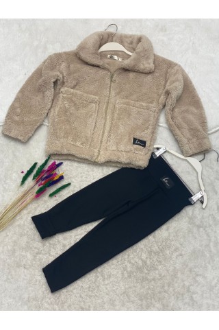 Peluş Hırka Ve Şardonlu Fitilli Kumaş Tayt 2'li Kombin Takım