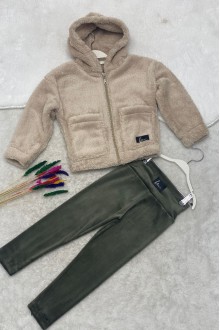 Kapşonlu Peluş Hırka Ve Kadife Kumaş Tayt 2'li Kombin Takım