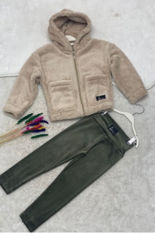 Kapşonlu Peluş Hırka Ve Kadife Kumaş Tayt 2'li Kombin Takım