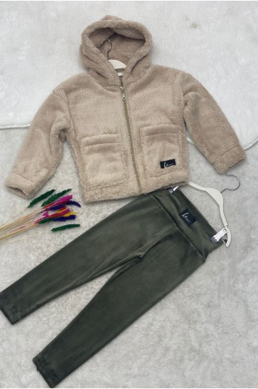 Kapşonlu Peluş Hırka Ve Kadife Kumaş Tayt 2'li Kombin Takım