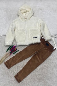 Kapşonlu Peluş Hırka Ve Kadife Kumaş Tayt 2'li Kombin Takım