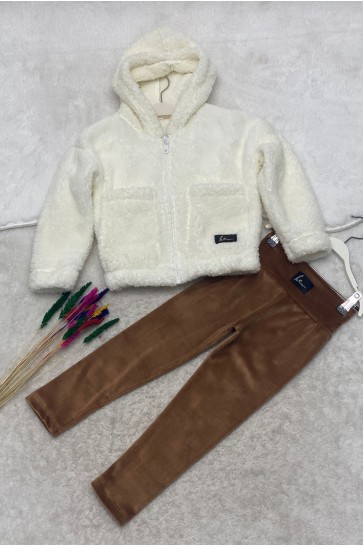 Kapşonlu Peluş Hırka Ve Kadife Kumaş Tayt 2'li Kombin Takım