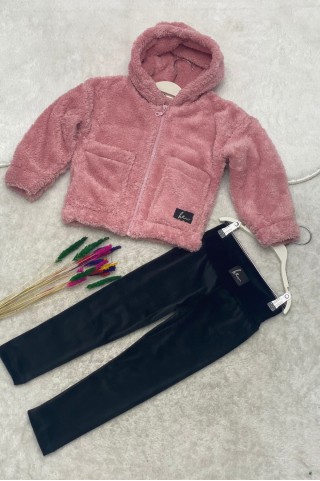 Kapşonlu Peluş Hırka Ve Kadife Kumaş Tayt 2'li Kombin Takım