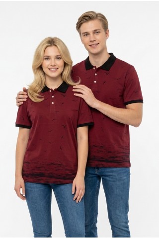 Uniseks Martı Desenli Garnili Polo Yaka Kısa Kollu Slim Fit Pamuklu Tişört