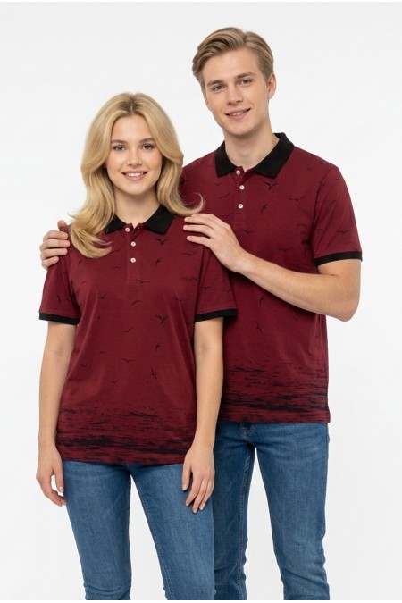 Uniseks Martı Desenli Garnili Polo Yaka Kısa Kollu Slim Fit Pamuklu Tişört