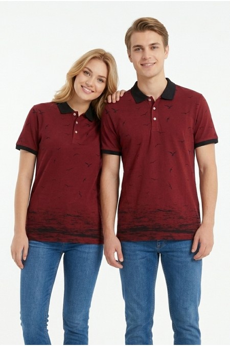Uniseks Martı Desenli Garnili Polo Yaka Kısa Kollu Slim Fit Pamuklu Tişört
