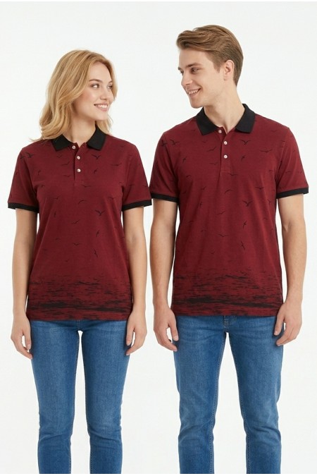 Uniseks Martı Desenli Garnili Polo Yaka Kısa Kollu Slim Fit Pamuklu Tişört