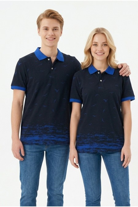 Uniseks Martı Desenli Garnili Polo Yaka Kısa Kollu Slim Fit Pamuklu Tişört
