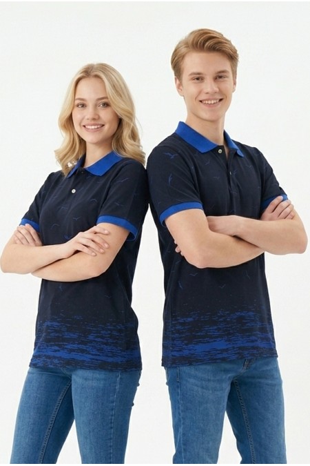 Uniseks Martı Desenli Garnili Polo Yaka Kısa Kollu Slim Fit Pamuklu Tişört