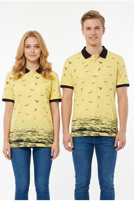Uniseks Martı Desenli Garnili Polo Yaka Kısa Kollu Slim Fit Pamuklu Tişört